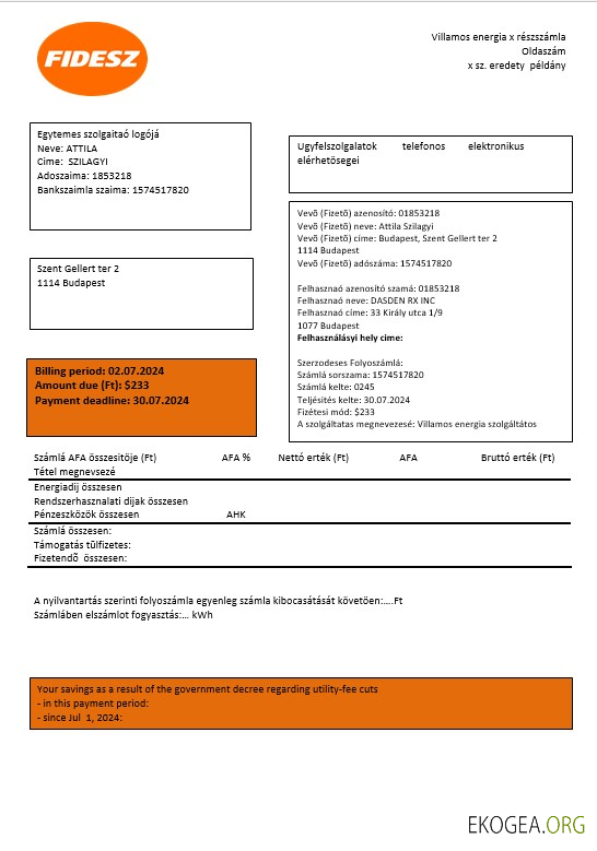 Hongrie FIDESZ modèle de facture de services publics facile à remplir aux formats Word et PDF